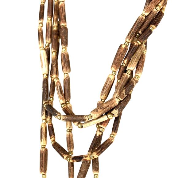 NWT J. Jill Boho Coconut Shell Wood Bead Necklace With Gold Hammered Pendant - Picture 9 of 11